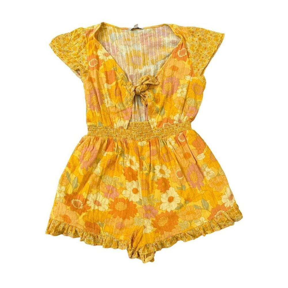 American Eagle Floral Tie Front Romper Yellow Boho Cottagecore Cotton size L